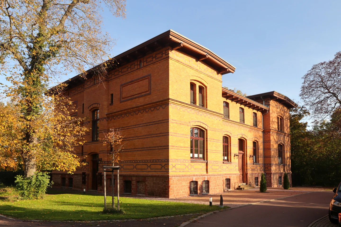 Die Direktorenvilla in Halle, umgeben von Garten und alten Bäumen